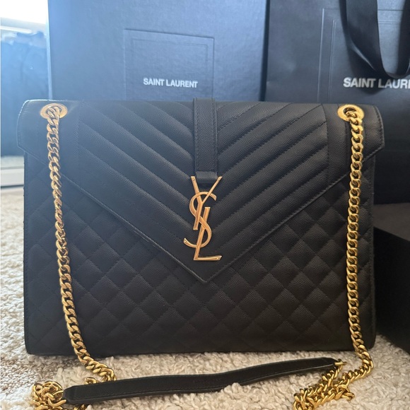 Saint Laurent Black Quilted Envelope Shoulder Bag Large with Gold Chain - Picture 13 of 16